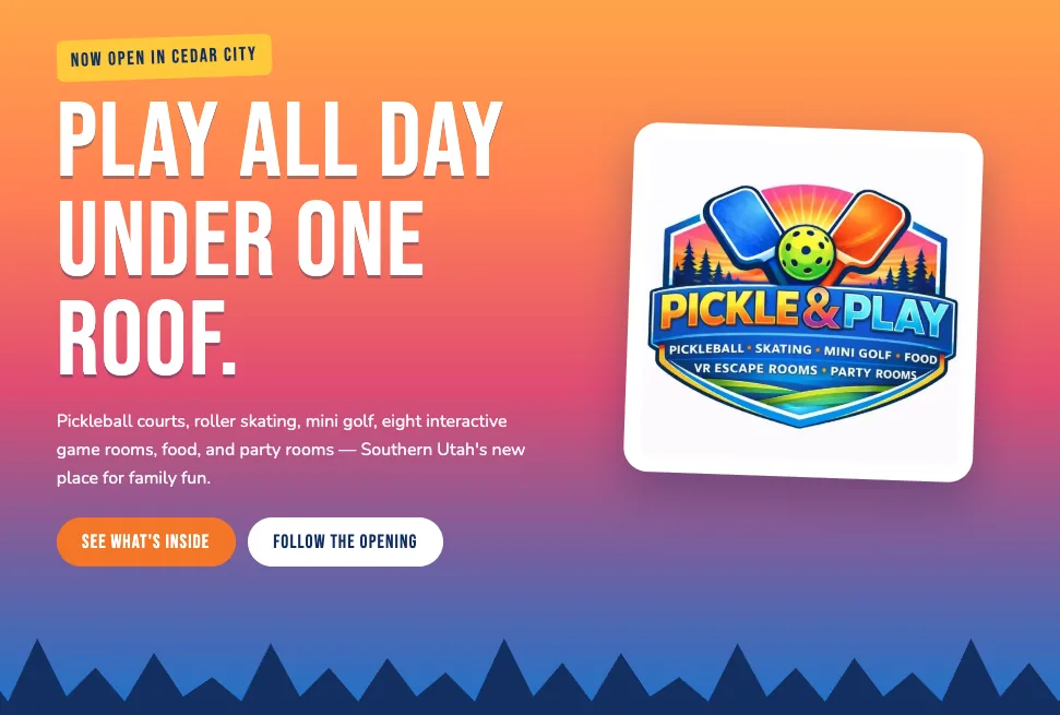 Pickle and Play website homepage: Play all day under one roof, with the Pickle and Play logo