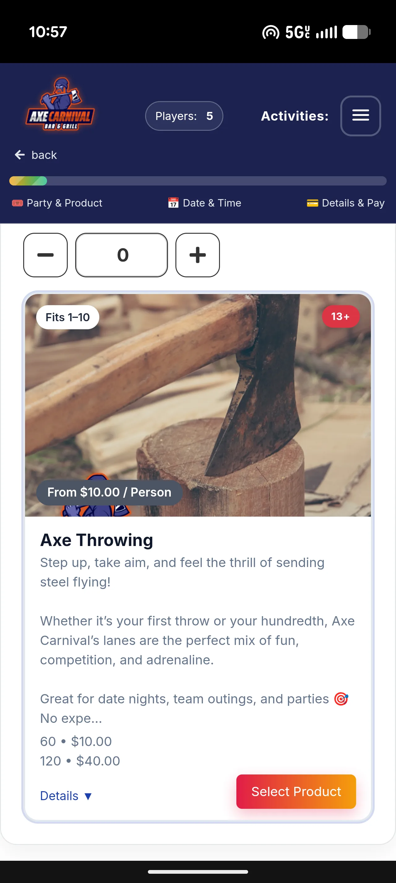 Axe throwing online booking flow on Sports Carnival with player count, group size, age limit, and price per person