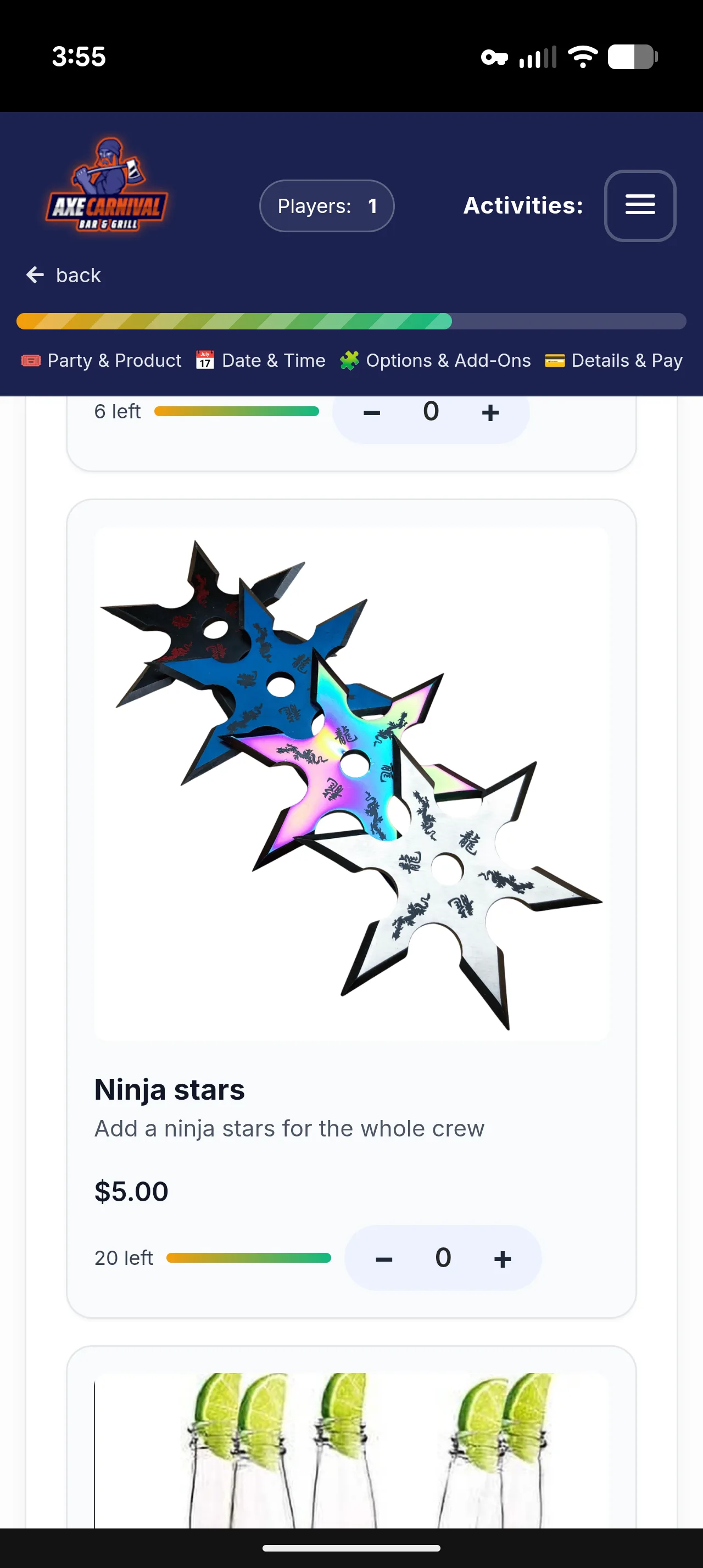 Axe throwing booking add-ons step showing ninja stars with a live count of 20 left