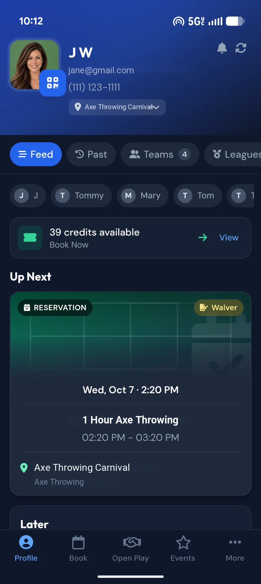 Sports Carnival app profile showing an upcoming 1 hour axe throwing reservation with its waiver, league teams, and booking credits