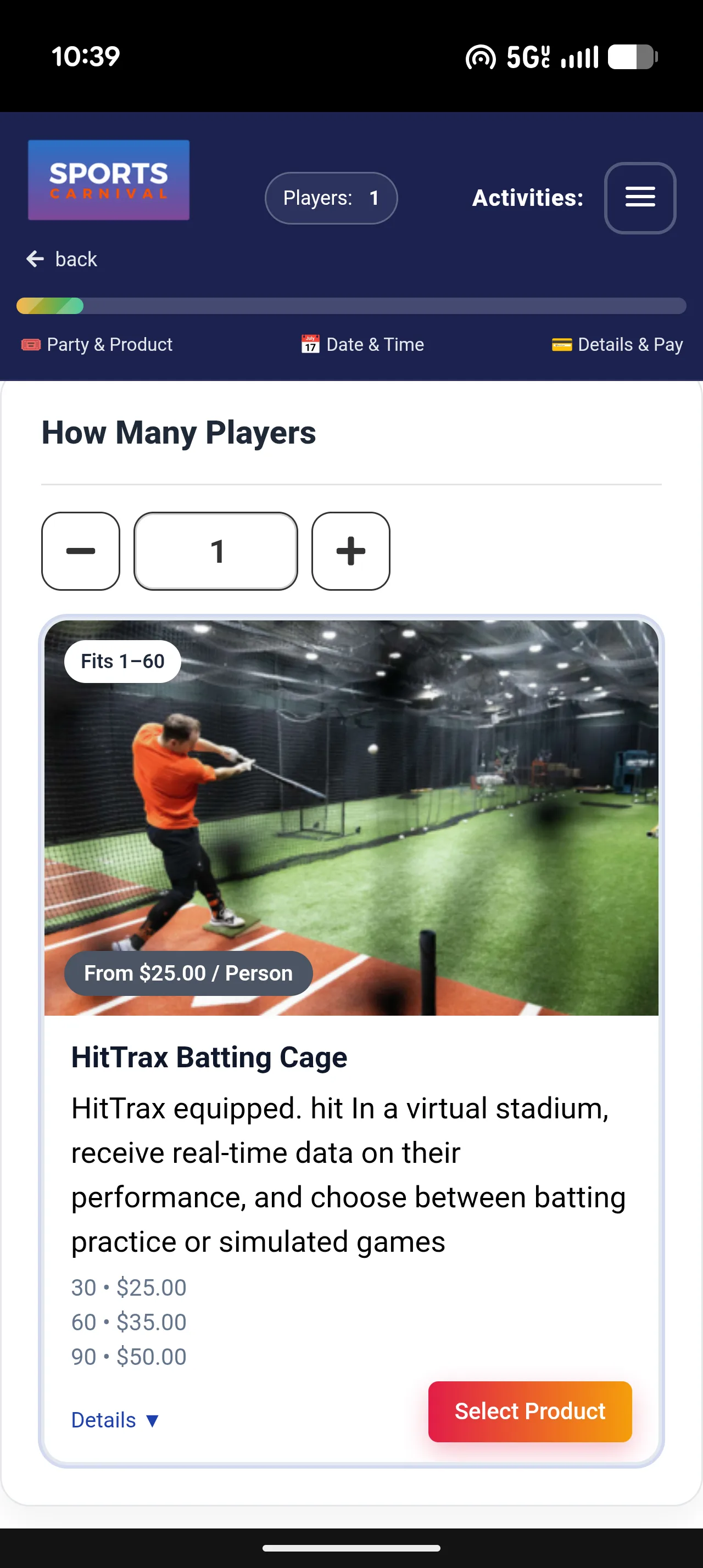 Batting cage online booking flow on Sports Carnival