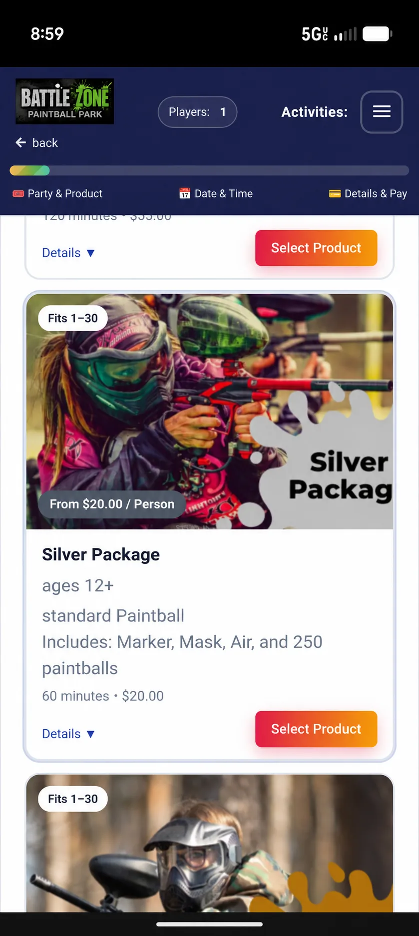 Paintball package booking page showing a Silver Package with marker, mask, air, and 250 paintballs
