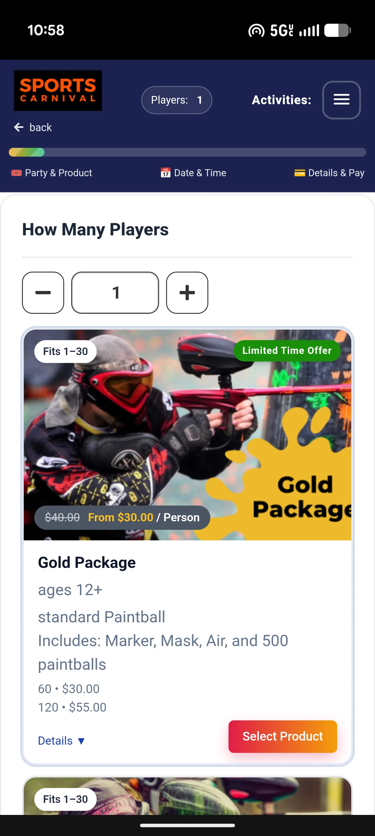 Paintball online booking flow on Sports Carnival