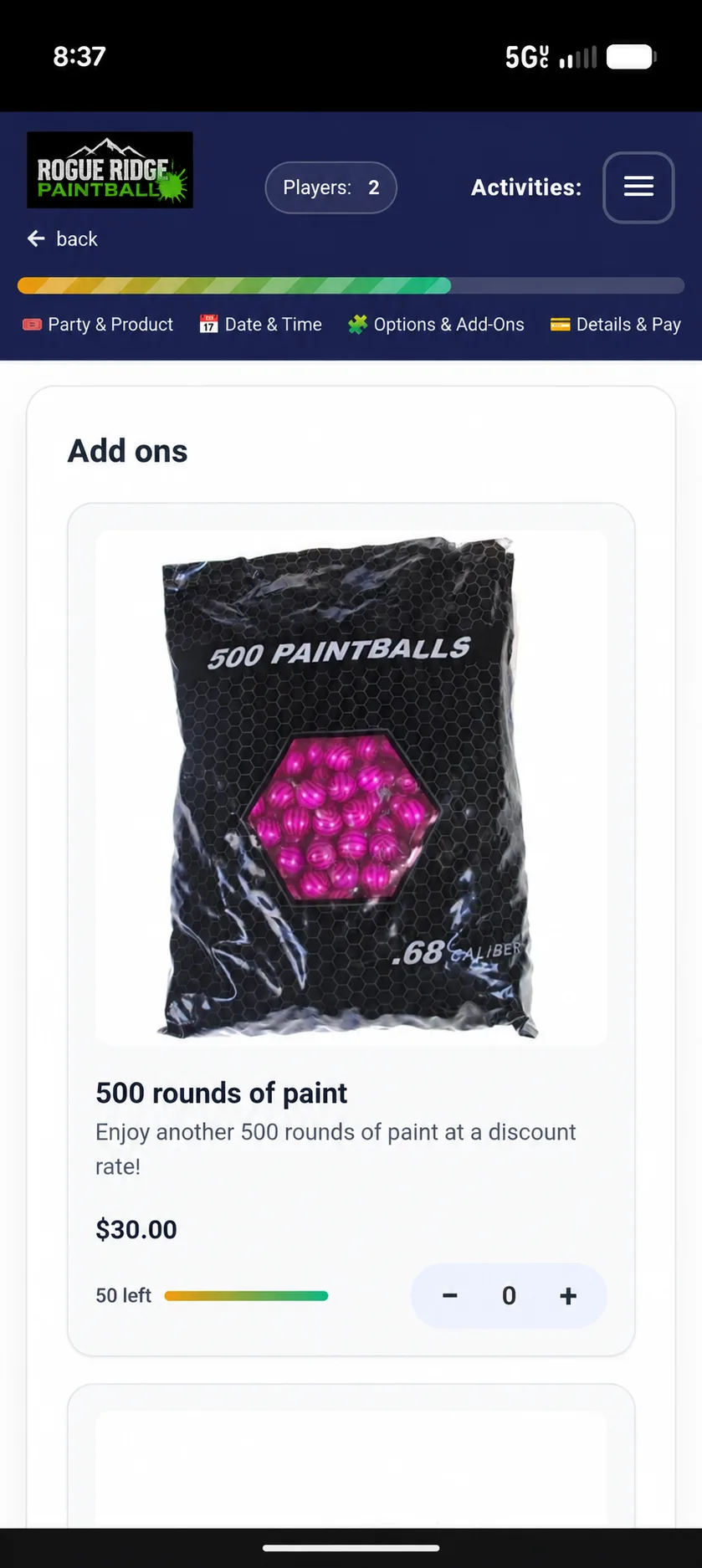 Paintball booking add-ons step showing 500 rounds of paint with a live count of 50 left