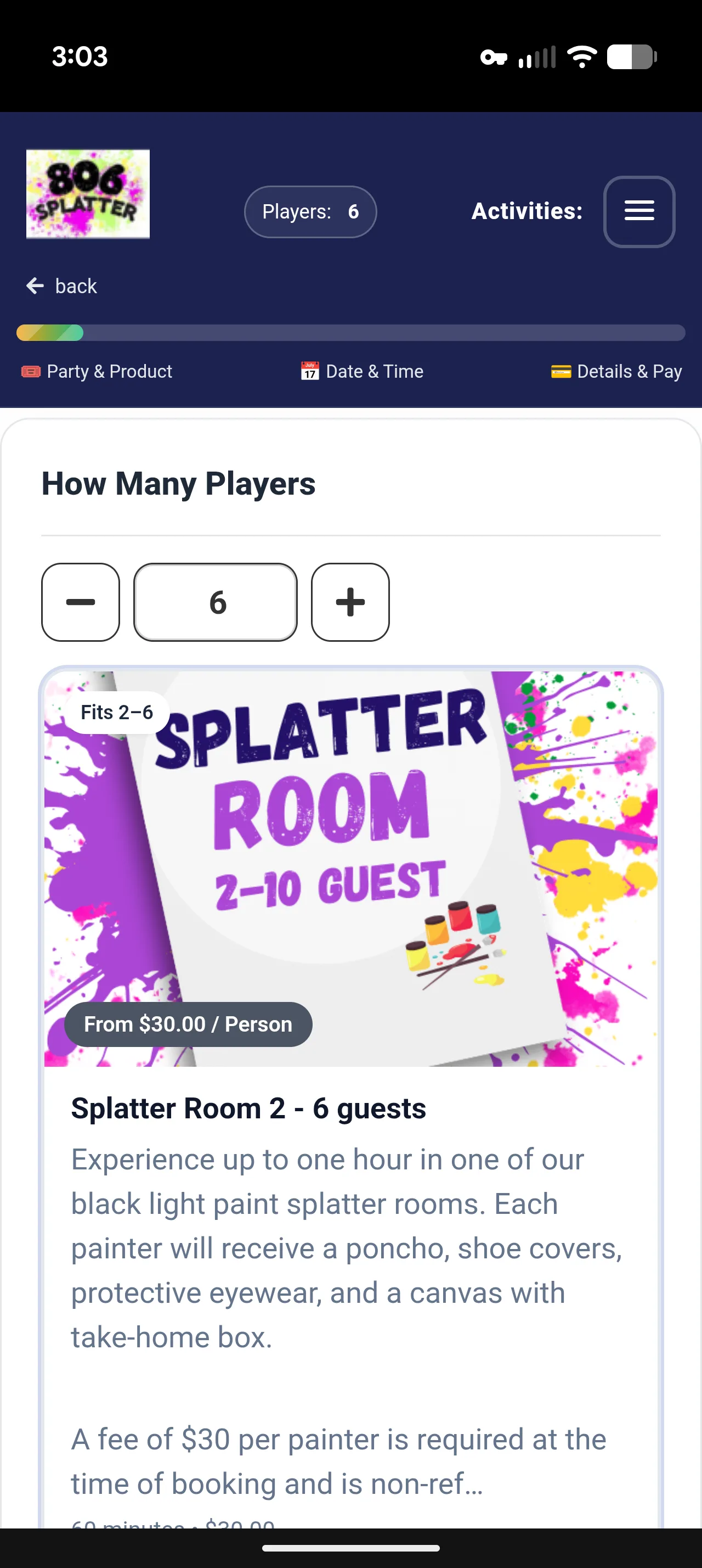 806 Splatter online booking flow on Sports Carnival with player count, splatter room product, and price per person